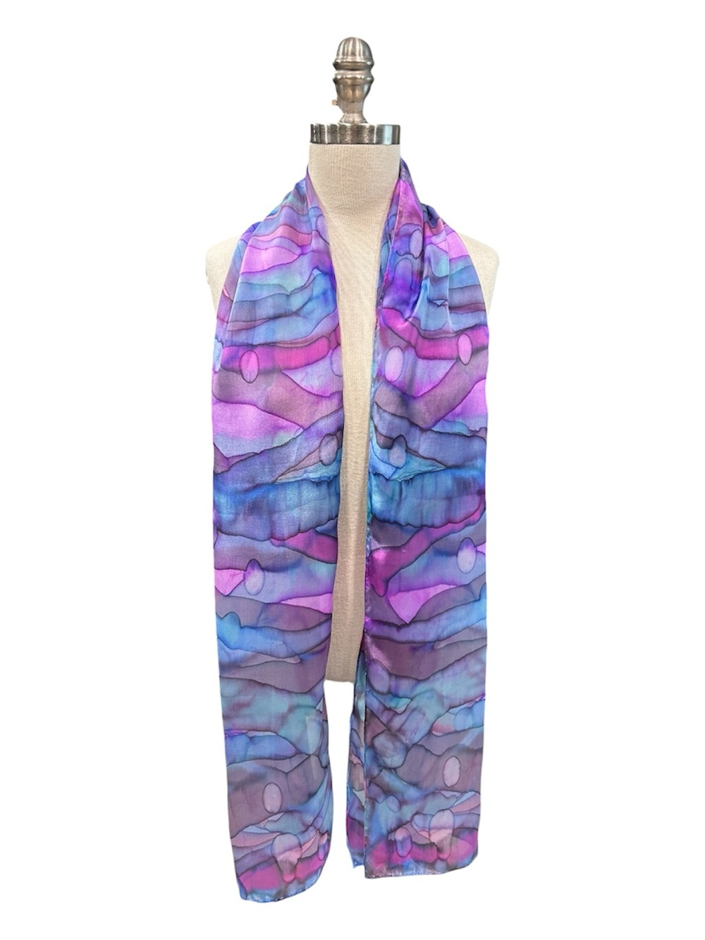 Hand Painted Blue, Fuchsia, Green Silk Scarf NWT